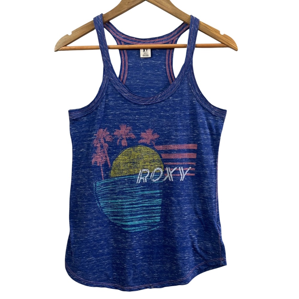 Roxy Women's Small Blue Graphic Racerback Tank Top Palm Trees Beach Surf